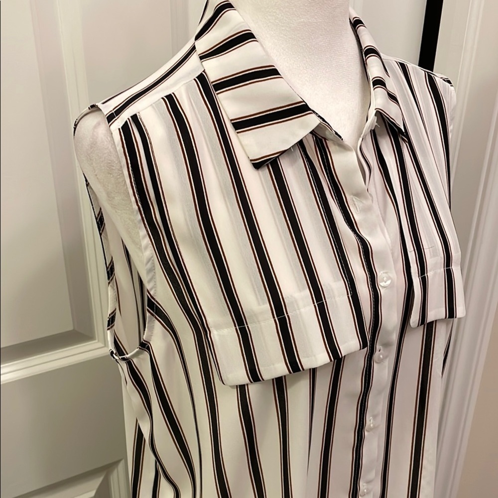 Worthington Sleeveless Button-Down Shirt Pockets Striped Black & White Large - Picture 6 of 14